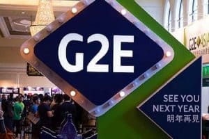 g2e asia expo sign with attached placard reading see you next year